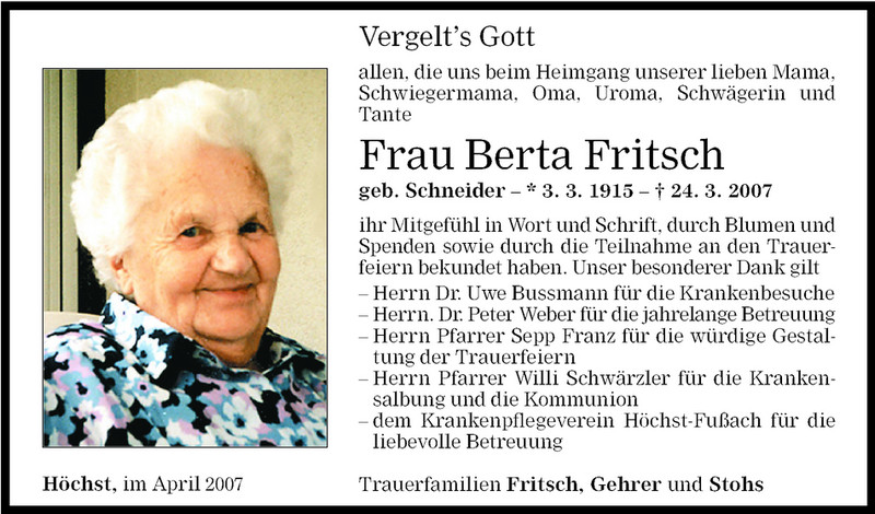 Todesanzeigen Von Berta Fritsch Todesanzeigen Vorarlberger Nachrichten