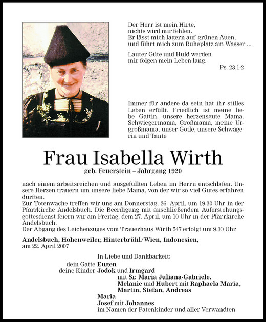 Todesanzeigen Von Isabella Wirth Todesanzeigen Vorarlberger Nachrichten