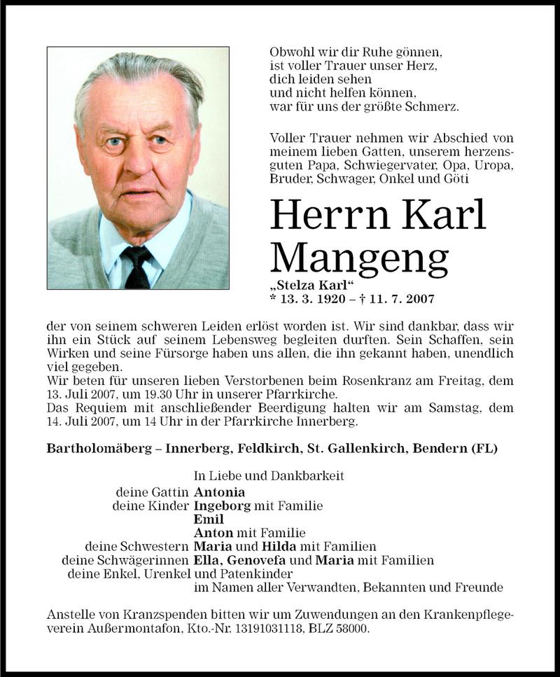 Todesanzeigen Von Karl Mangeng Todesanzeigen Vorarlberger Nachrichten