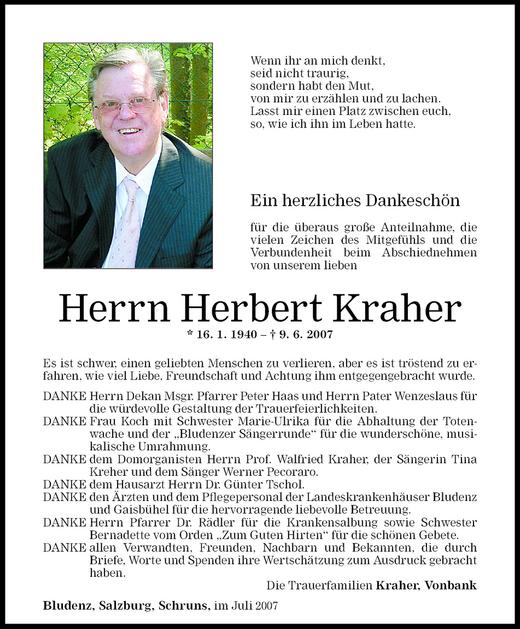 Todesanzeigen Von Herbert Kraher Todesanzeigen Vorarlberger Nachrichten