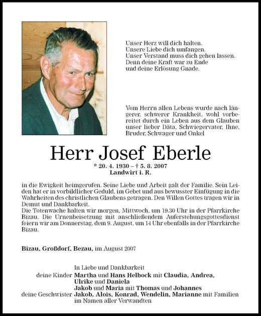 Todesanzeigen Von Josef Eberle Todesanzeigen Vorarlberger Nachrichten