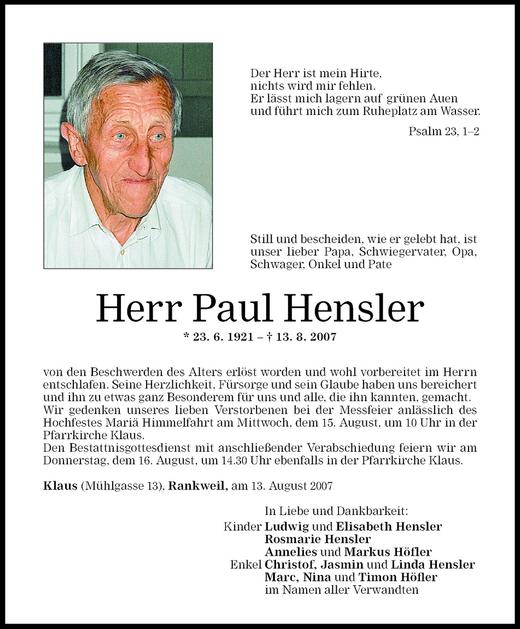 Todesanzeigen Von Paul Hensler Todesanzeigen Vorarlberger Nachrichten