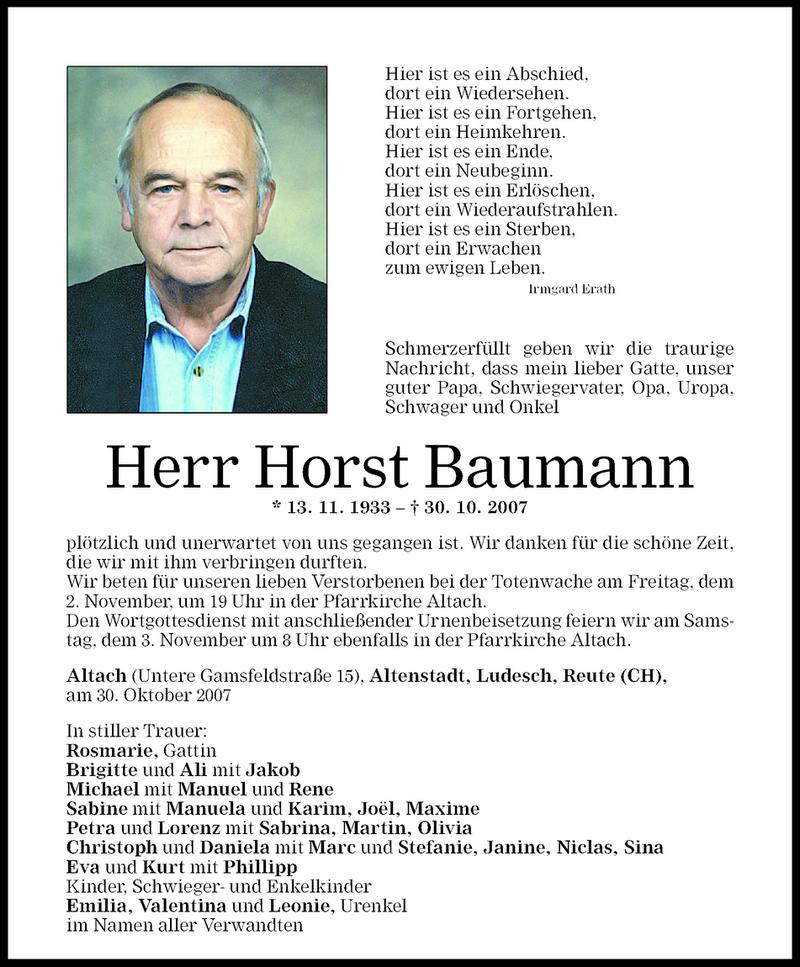 Todesanzeigen Von Horst Baumann Todesanzeigen Vorarlberger Nachrichten