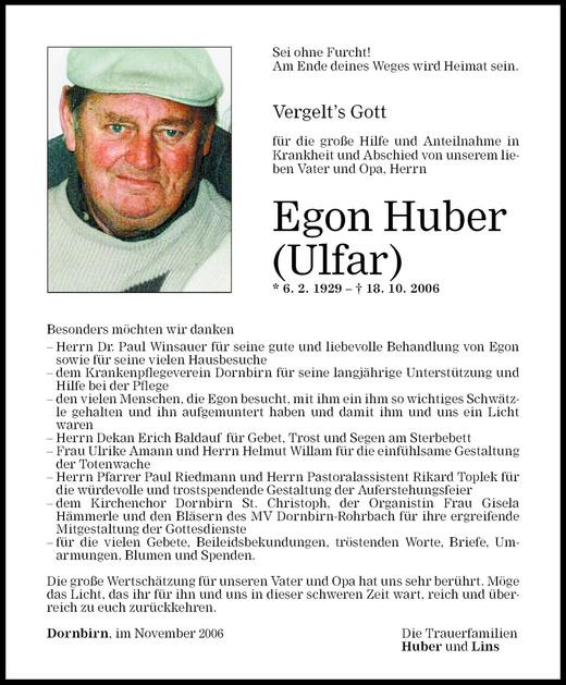 Todesanzeigen Von Egon Huber Ulfar Todesanzeigen Vorarlberger