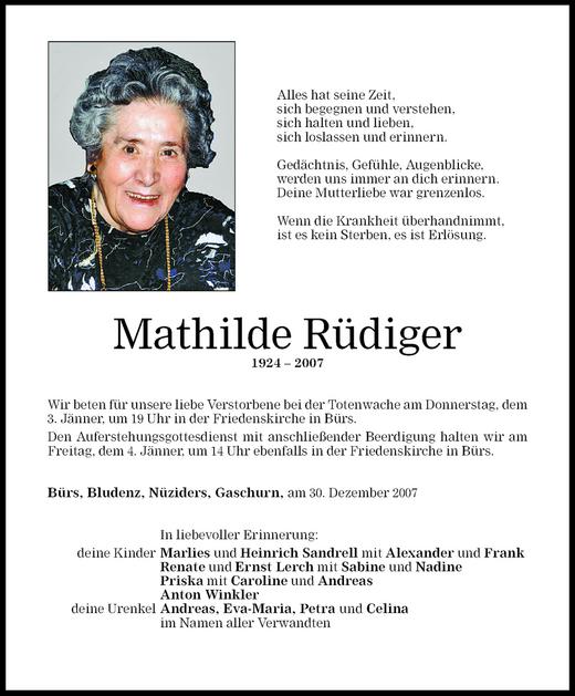 Todesanzeigen von Mathilde Rüdiger Todesanzeigen Vorarlberger Nachrichten