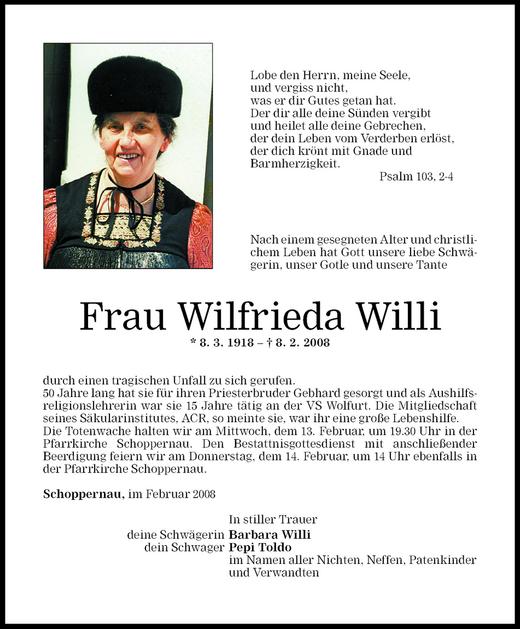 Todesanzeigen Von Wilfrieda Willi Todesanzeigen Vorarlberger Nachrichten