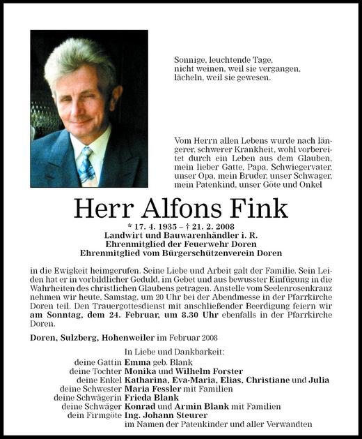 Todesanzeigen Von Alfons Fink Todesanzeigen Vorarlberger Nachrichten