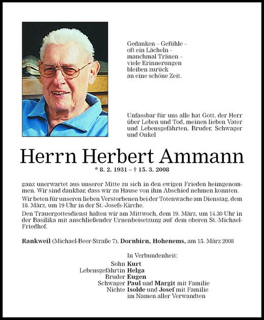 Todesanzeigen Von Herbert Ammann Todesanzeigen Vorarlberger Nachrichten