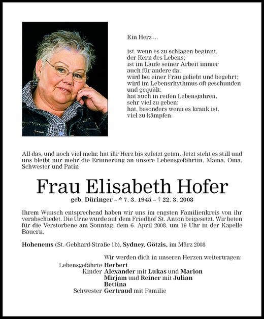 Todesanzeigen Von Elisabeth Hofer Todesanzeigen Vorarlberger Nachrichten