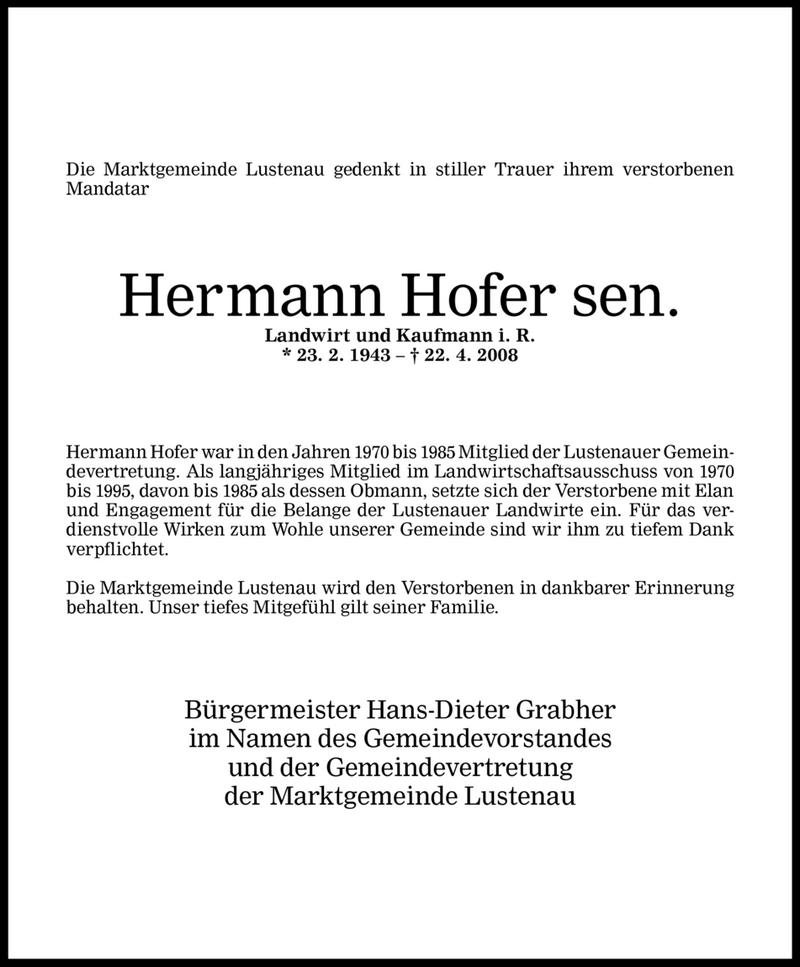 Todesanzeigen Von Hermann Hofer Sen Todesanzeigen Vorarlberger