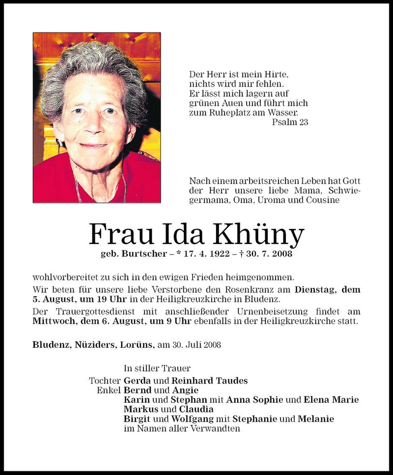 Todesanzeigen von Ida Khüny Todesanzeigen Vorarlberger Nachrichten