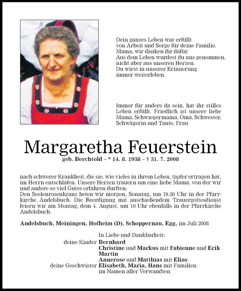 Todesanzeigen Von Margaretha Feuerstein Todesanzeigen Vorarlberger