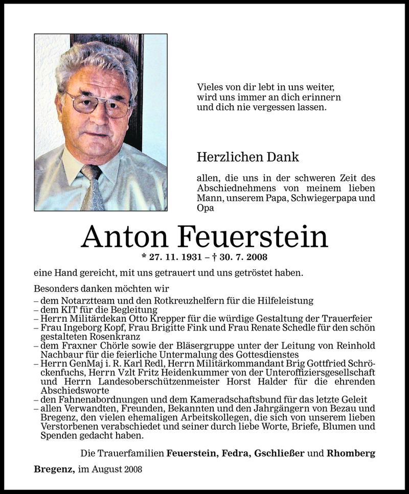 Todesanzeigen Von Anton Feuerstein Todesanzeigen Vorarlberger Nachrichten