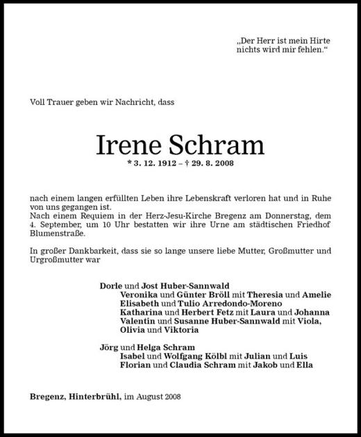 Todesanzeigen Von Irene Schramm Todesanzeigen Vorarlberger Nachrichten