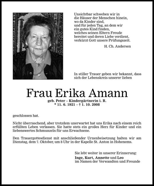 Todesanzeigen Von Erika Amann Todesanzeigen Vorarlberger Nachrichten