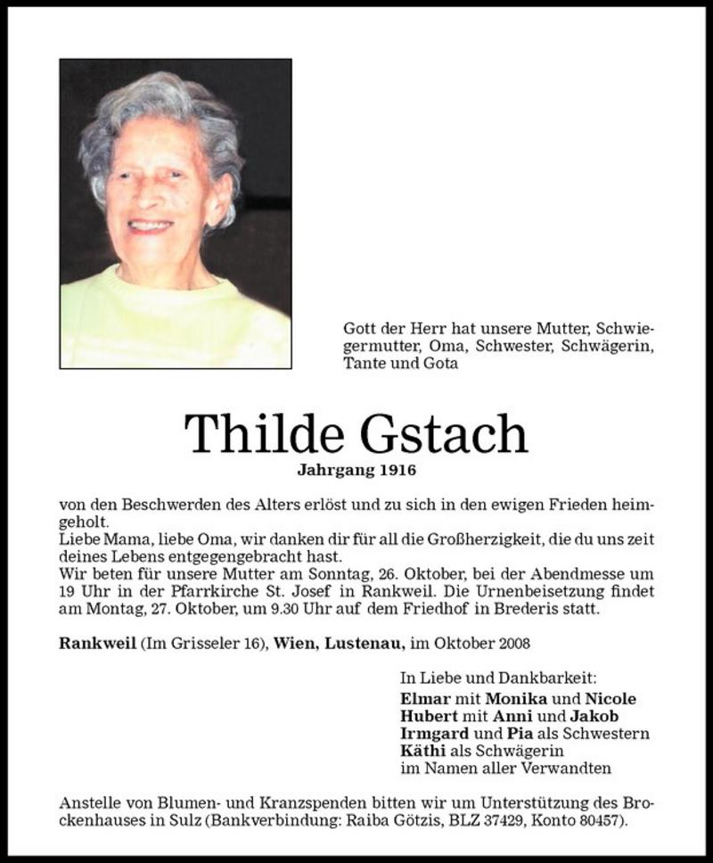 Todesanzeigen Von Thilde Gstach Todesanzeigen Vorarlberger Nachrichten