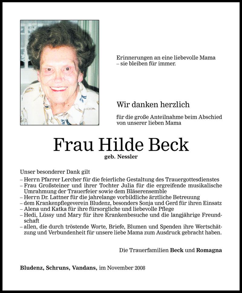 Todesanzeigen Von Hilde Beck Todesanzeigen Vorarlberger Nachrichten