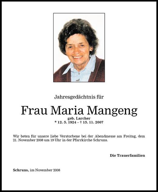 Todesanzeigen Von Maria Mangeng Todesanzeigen Vorarlberger Nachrichten