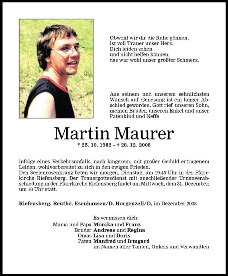 Todesanzeigen Von Martin Maurer Todesanzeigen Vorarlberger Nachrichten