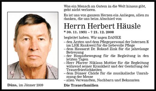 Todesanzeigen von Herbert Häusle Todesanzeigen Vorarlberger Nachrichten