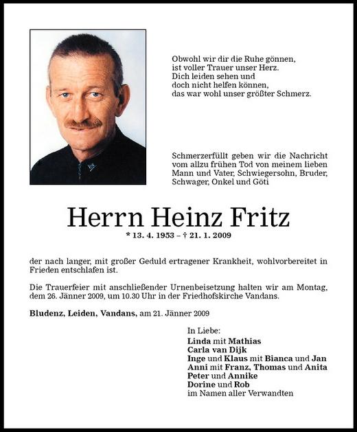 Todesanzeigen Von Heinz Fritz Todesanzeigen Vorarlberger Nachrichten