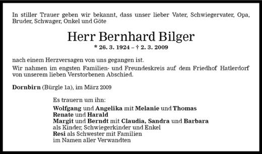 Todesanzeigen Von Bernhard Bilger Todesanzeigen Vorarlberger Nachrichten