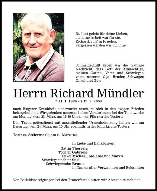 Todesanzeigen von Richard Mündler Todesanzeigen Vorarlberger Nachrichten