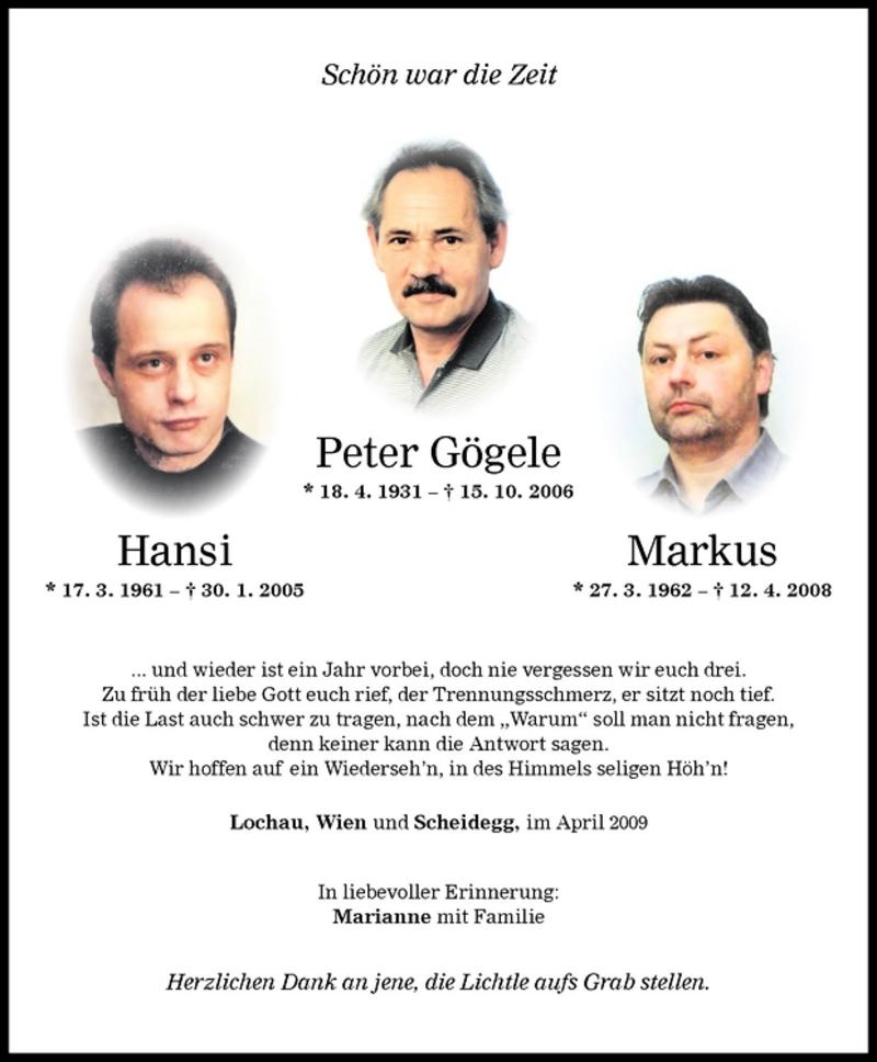 Todesanzeigen Von Hansi Markus Und Peter G Gele Todesanzeigen