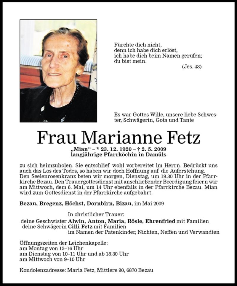 Todesanzeigen Von Marianne Fetz Todesanzeigen Vorarlberger Nachrichten