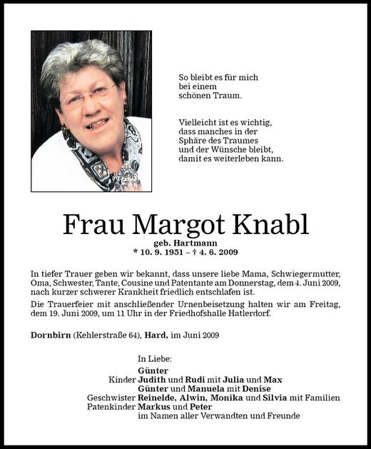 Todesanzeigen Von Margot Knabl Todesanzeigen Vorarlberger Nachrichten