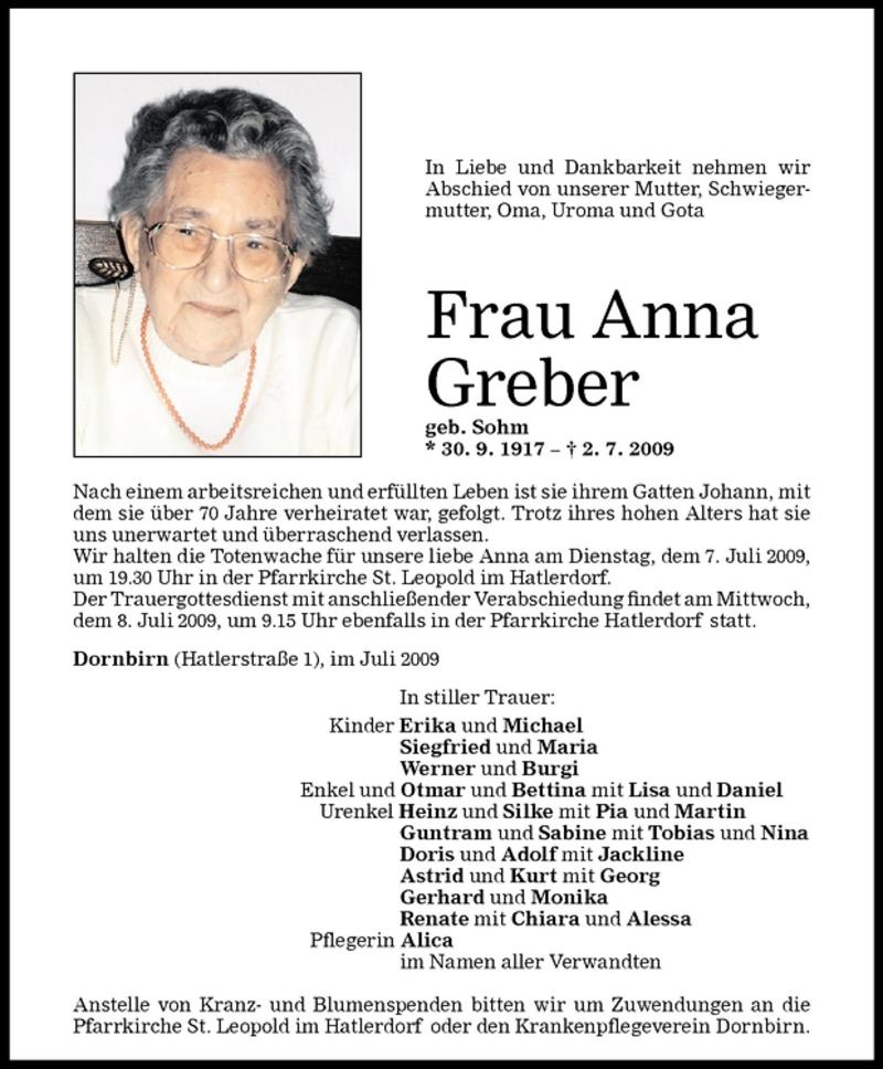 Todesanzeigen Von Anna Greber Todesanzeigen Vorarlberger Nachrichten