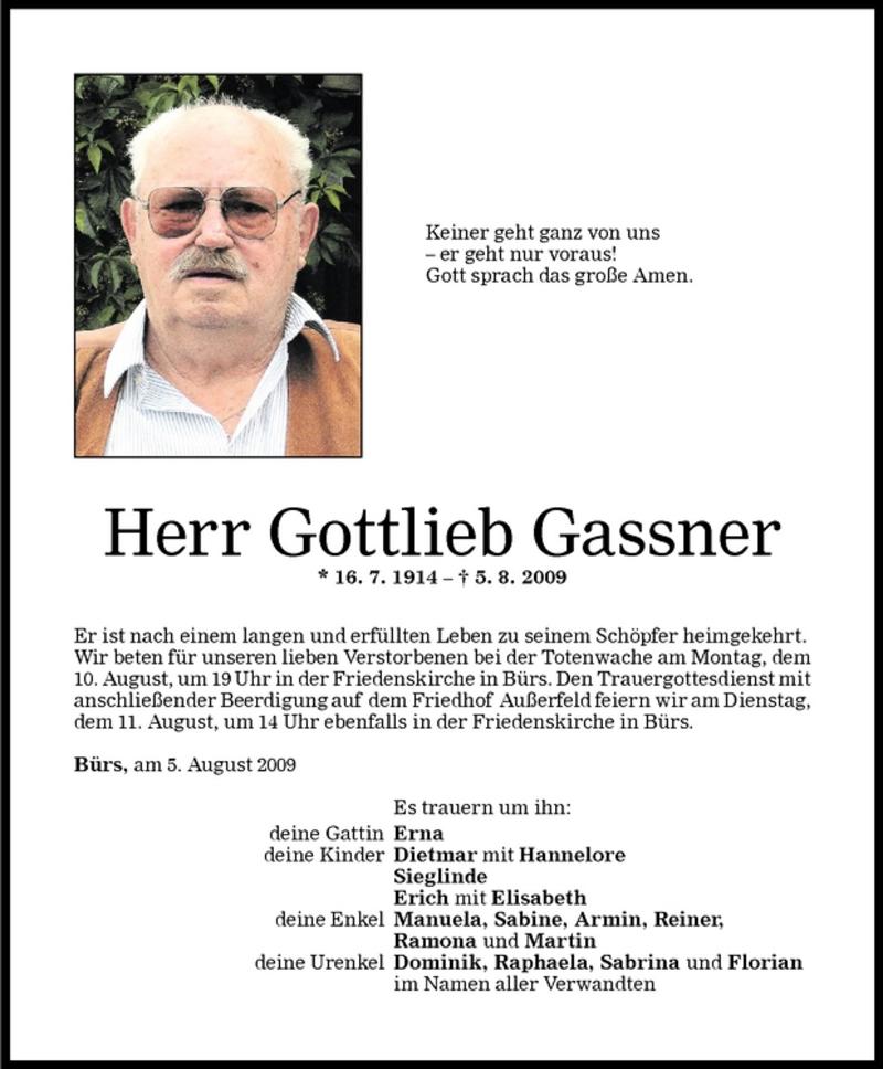 Todesanzeigen Von Gottlieb Gassner Todesanzeigen Vorarlberger Nachrichten