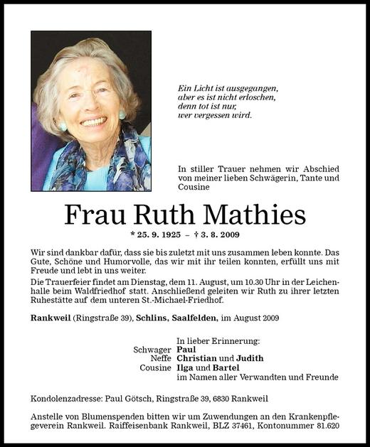 Todesanzeigen Von Ruth Mathies Todesanzeigen Vorarlberger Nachrichten