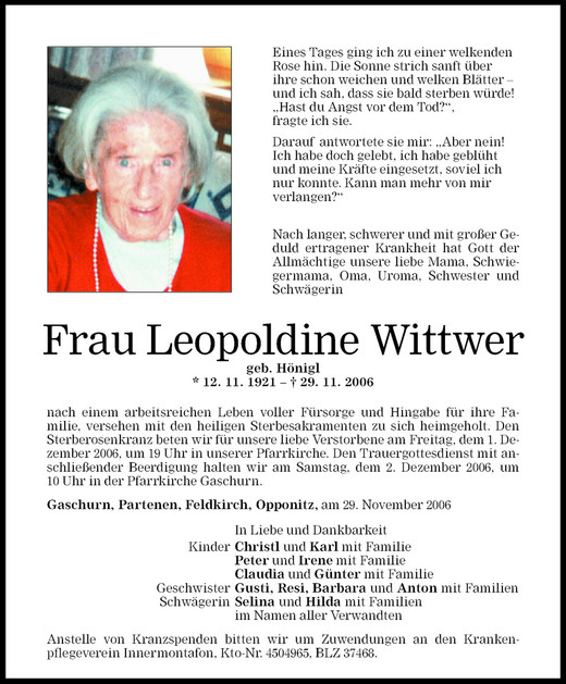 Todesanzeigen Von Leopoldine Wittwer Todesanzeigen Vorarlberger