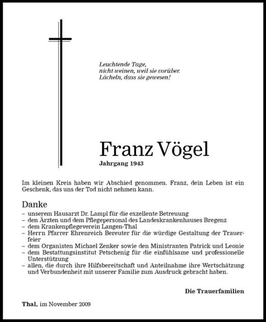 Todesanzeigen Von Franz V Gel Todesanzeigen Vorarlberger Nachrichten