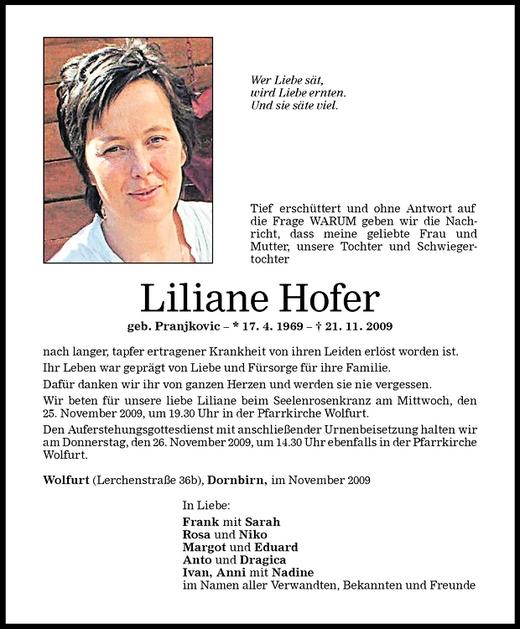 Todesanzeigen Von Liliane Hofer Todesanzeigen Vorarlberger Nachrichten