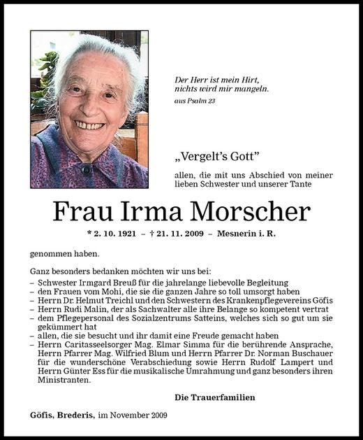 Todesanzeigen Von Irma Morscher Todesanzeigen Vorarlberger Nachrichten