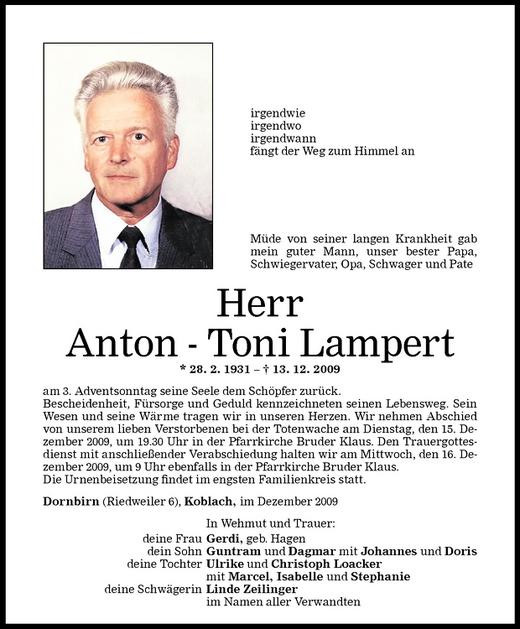 Todesanzeigen Von Anton Toni Lampert Todesanzeigen Vorarlberger