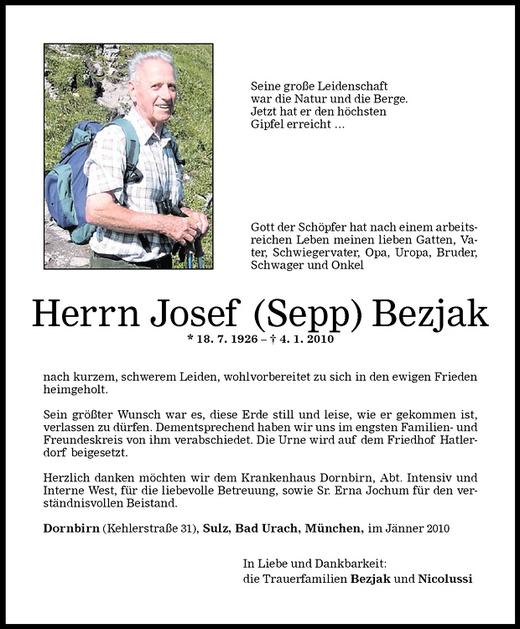 Todesanzeigen Von Josef Sepp Bezjak Todesanzeigen Vorarlberger