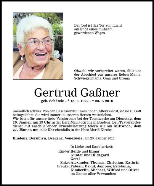 Todesanzeigen von Gertrud Gaßner Todesanzeigen Vorarlberger Nachrichten