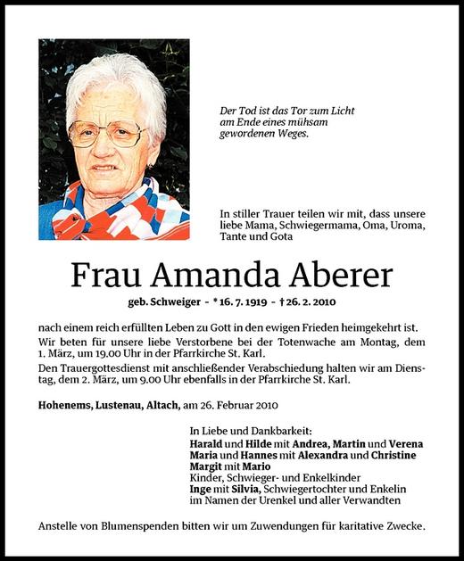 Todesanzeigen Von Amanda Aberer Todesanzeigen Vorarlberger Nachrichten