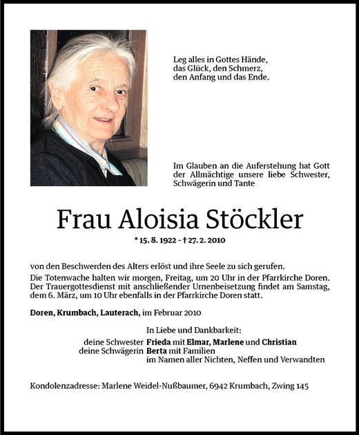 Todesanzeigen von Aloisia Stöckler Todesanzeigen Vorarlberger Nachrichten