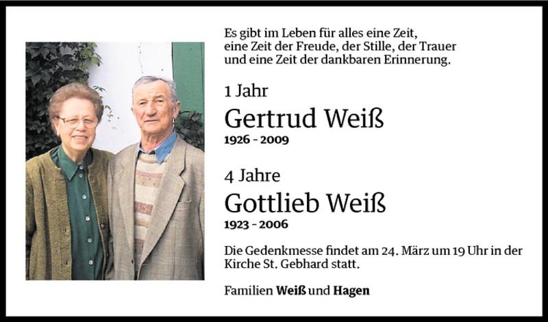 Todesanzeigen Von Gertrud Und Gottlieb Wei Todesanzeigen