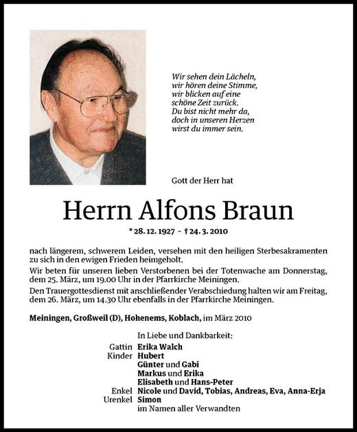 Todesanzeigen Von Alfons Braun Todesanzeigen Vorarlberger Nachrichten