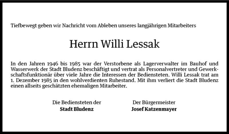 Todesanzeigen Von Willi Lessak Todesanzeigen Vorarlberger Nachrichten