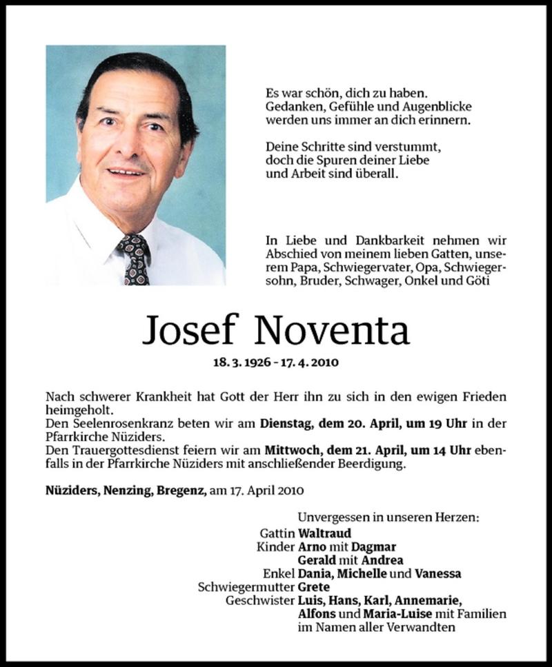 Todesanzeigen Von Josef Noventa Todesanzeigen Vorarlberger Nachrichten