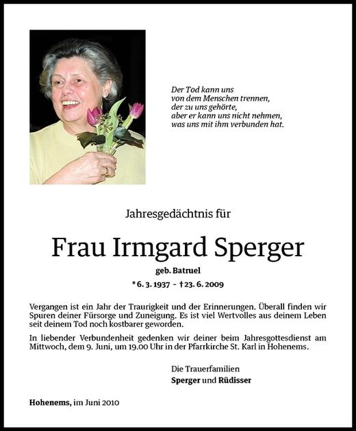 Todesanzeigen Von Irmgard Sperger Todesanzeigen Vorarlberger Nachrichten