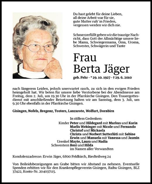 Todesanzeigen von Berta Jäger Todesanzeigen Vorarlberger Nachrichten