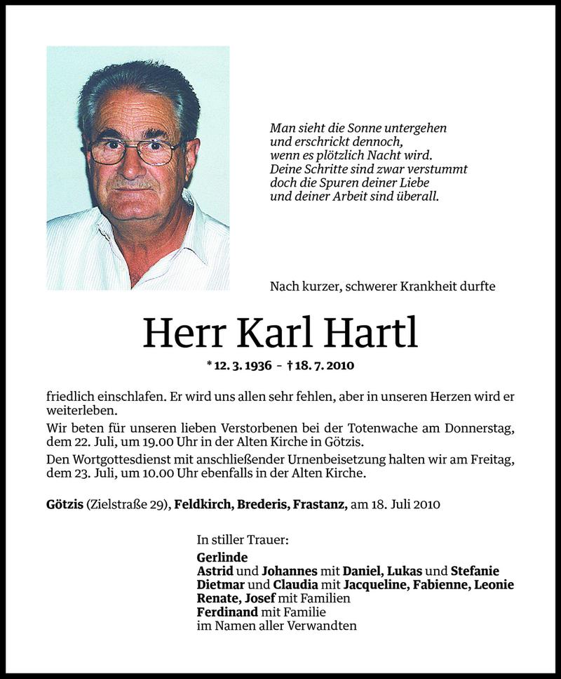 Todesanzeigen Von Karl Hartl Todesanzeigen Vorarlberger Nachrichten