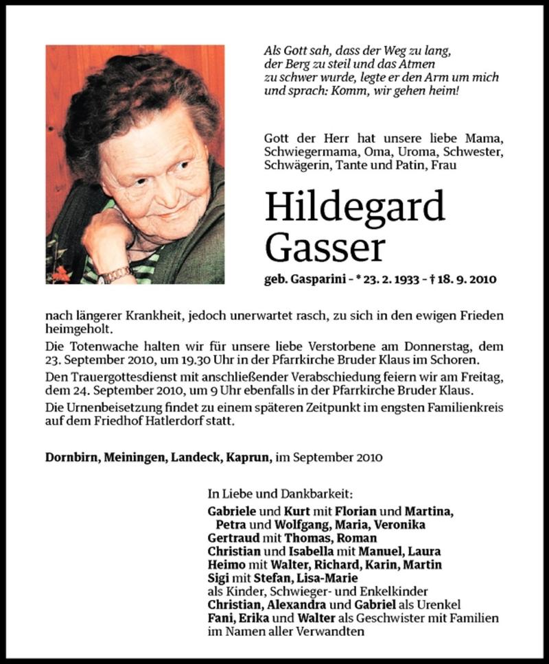 Todesanzeigen Von Hildegard Gasser Todesanzeigen Vorarlberger Nachrichten